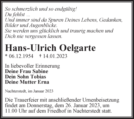 Traueranzeige von Hans-Ulrich Oelgarte von Trauerkombi Aschersleben