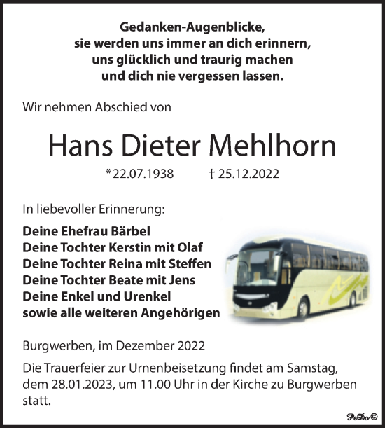 Traueranzeige von Hans Dieter Mehlhorn von Trauerkombi Weißenfels