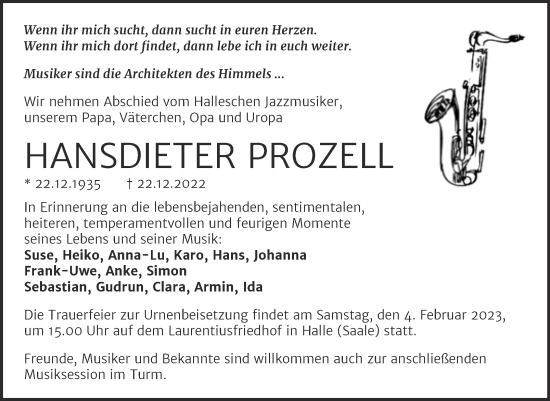 Traueranzeige von Hansdieter Prozell von Mitteldeutsche Zeitung Halle/Saalkreis