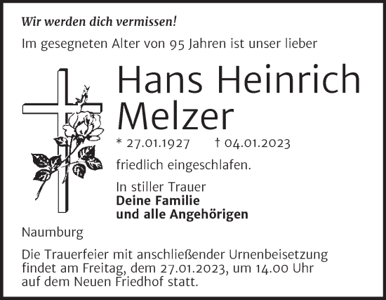 Traueranzeige von Hans Heinrich Melzer von Wochenspiegel Naumburg/Nebra