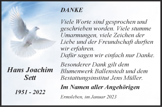 Traueranzeige von Hans Joachim Sett von Trauerkombi Quedlinburg