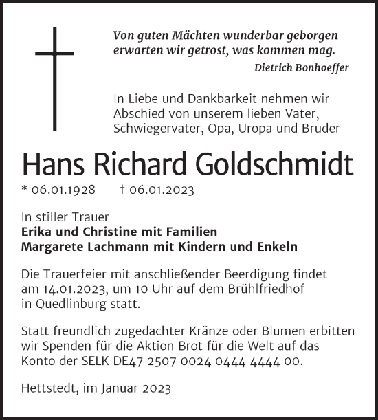 Traueranzeige von Hans Richard Goldschmidt von Mitteldeutsche Zeitung Mansfelder Land