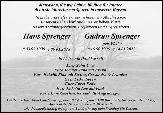 Traueranzeige von Hans und Gudrun Sprenger von Trauerkombi Dessau