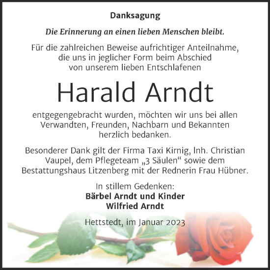 Traueranzeige von Harald Arndt von Trauerkombi Mansfelder Land