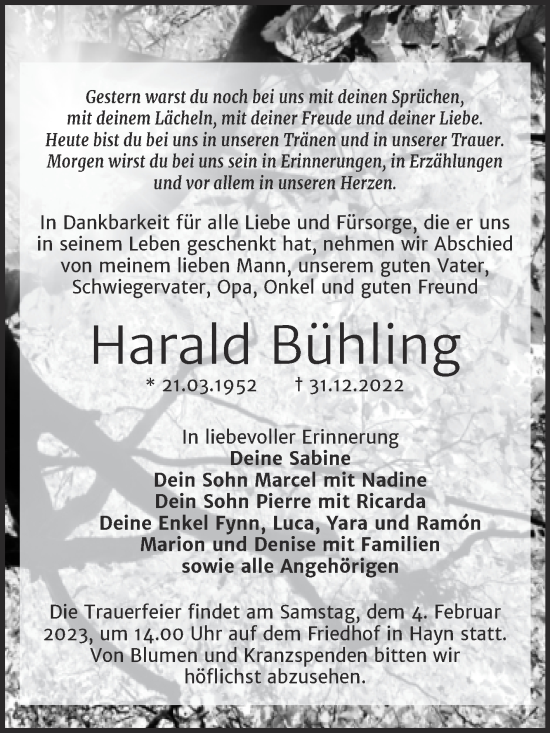 Traueranzeige von Harald Bühling von Trauerkombi Sangerhausen