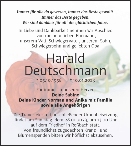 Traueranzeige von Harald Deutschmann von Trauerkombi Merseburg