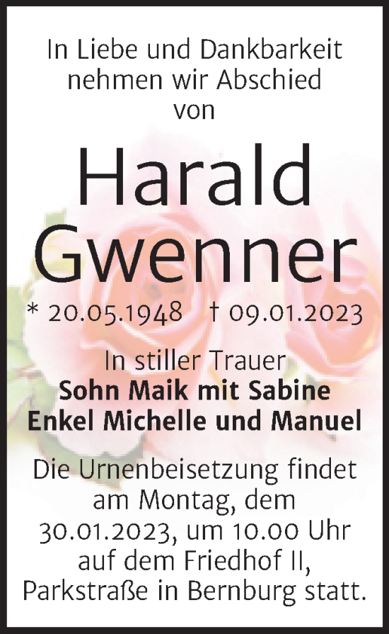 Traueranzeige von Harald Gwenner von Trauerkombi Bernburg