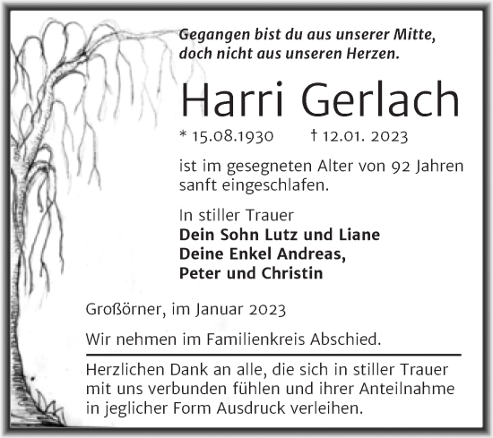 Traueranzeige von Harri Gerlach von Trauerkombi Mansfelder Land
