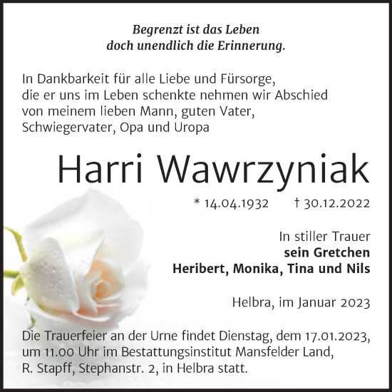 Traueranzeige von Harri Wawrzyniak von Trauerkombi Mansfelder Land