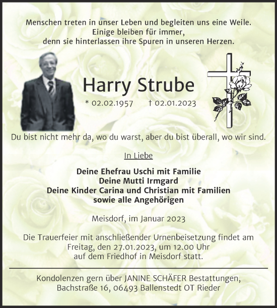 Traueranzeige von Harry Strube von Trauerkombi Quedlinburg