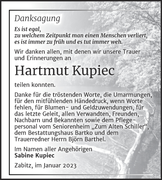 Traueranzeige von Hartmut Kupiec von Trauerkombi Köthen