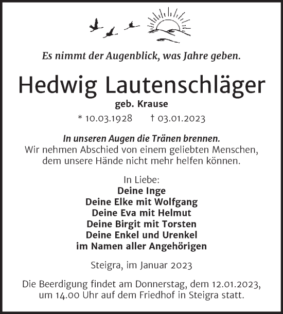 Traueranzeige von Hedwig Lautenschläger von Mitteldeutsche Zeitung Merseburg/Querfurt