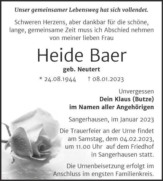 Traueranzeige von Heide Baer von Trauerkombi Sangerhausen