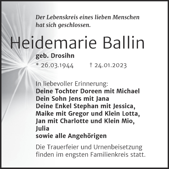 Traueranzeige von Heidemarie Ballin von Trauerkombi Aschersleben