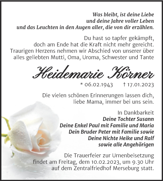 Traueranzeige von Heidemarie Körner von Trauerkombi Merseburg