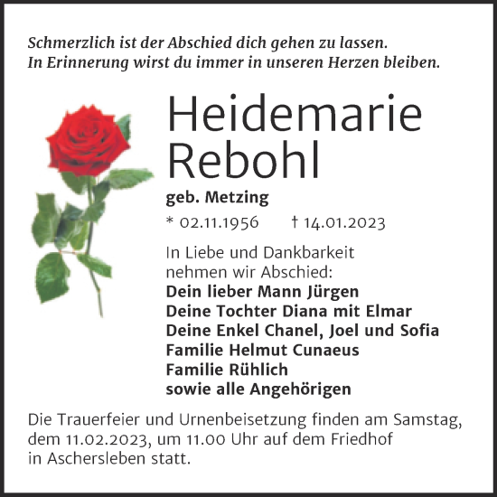 Traueranzeige von Heidemarie Rebohl von Trauerkombi Aschersleben