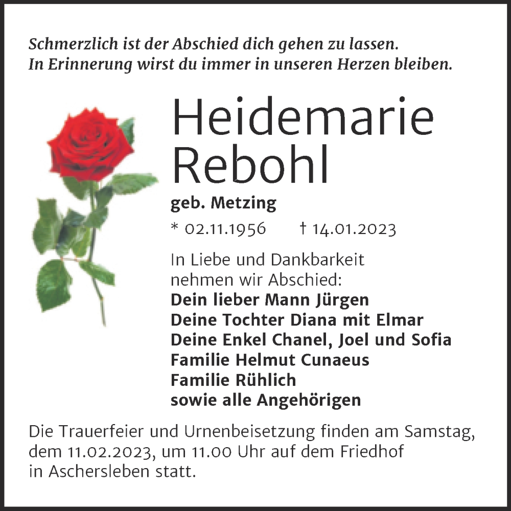  Traueranzeige für Heidemarie Rebohl vom 20.01.2023 aus Trauerkombi Aschersleben