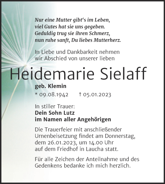Traueranzeige von Heidemarie Sielaff von Wochenspiegel Naumburg/Nebra