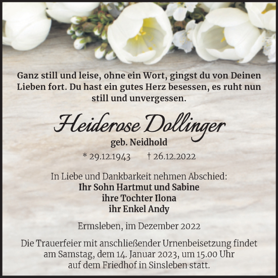 Traueranzeige von Heiderose Dollinger von Trauerkombi Quedlinburg