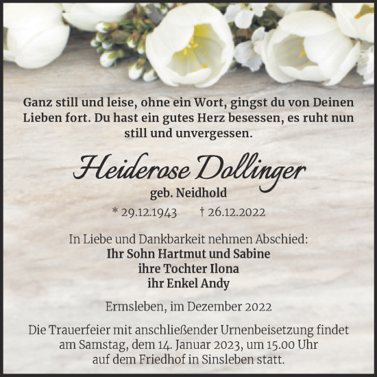 Traueranzeige von Heiderose Dollinger von Super Sonntag Quedlingburg