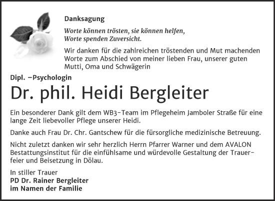 Traueranzeige von Heidi Bergleiter von Mitteldeutsche Zeitung Halle/Saalkreis