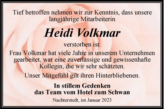 Traueranzeige von Heidi Volkmar von Wochenspiegel Aschersleben