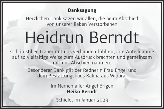 Traueranzeige von Heidrun Berndt von Trauerkombi Quedlinburg