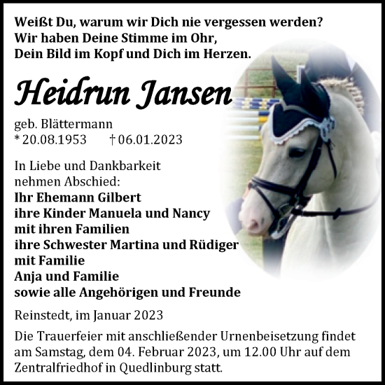 Traueranzeige von Heidrun Jansen von Trauerkombi Aschersleben