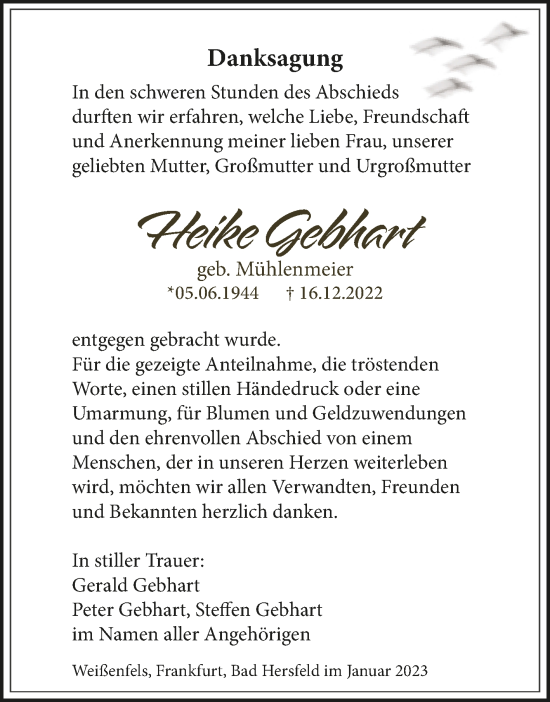 Traueranzeige von Heike Gebhart von Trauerkombi Weißenfels
