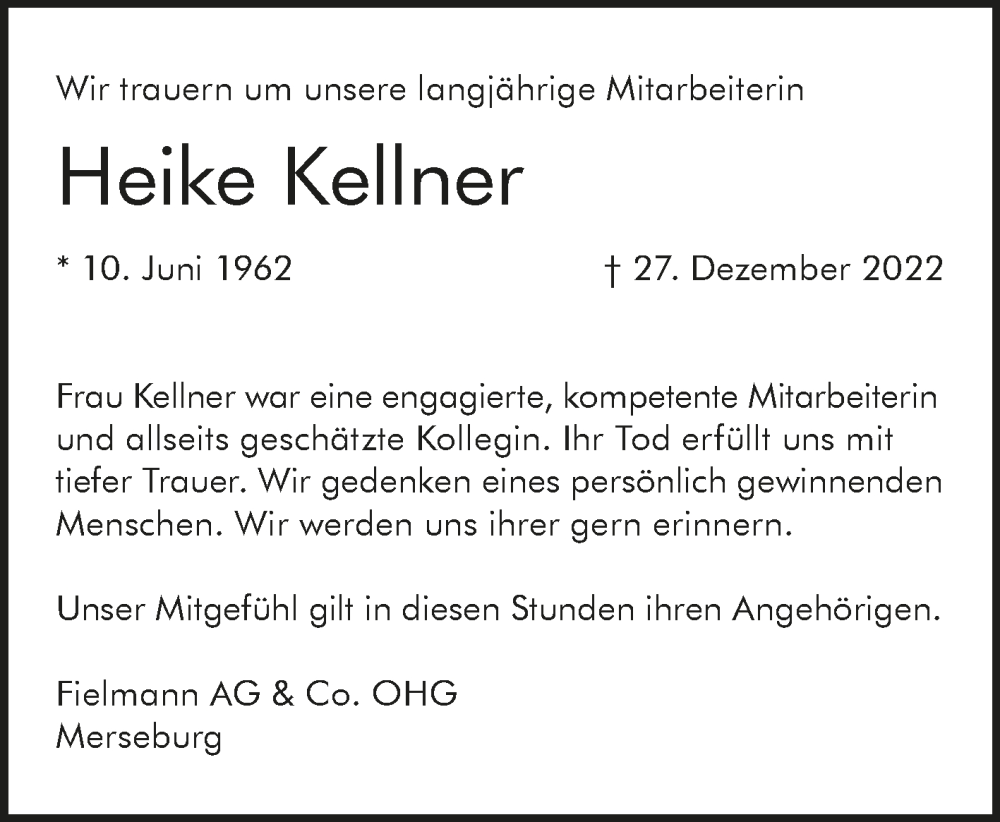  Traueranzeige für Heike Kellner vom 14.01.2023 aus Super Sonntag Merseburg/Querfurt