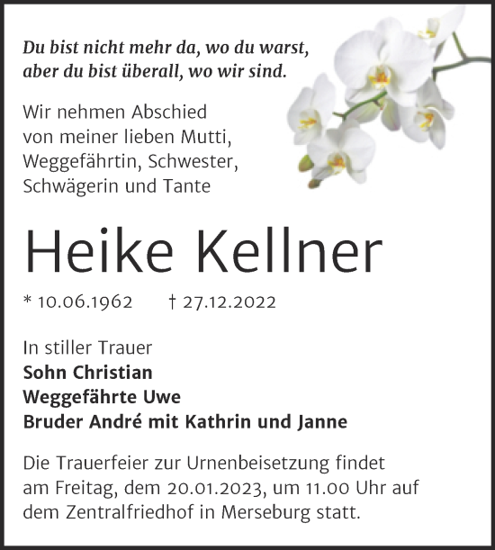 Traueranzeige von Heike Kellner von Trauerkombi Merseburg