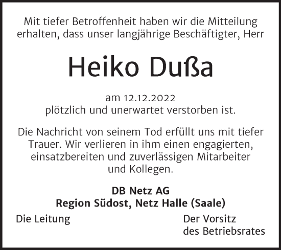 Traueranzeige von Heiko Dußa von Mitteldeutsche Zeitung Halle/Saalkreis