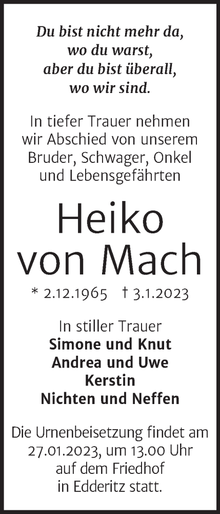  Traueranzeige für Heiko von Mach vom 10.01.2023 aus Trauerkombi Köthen