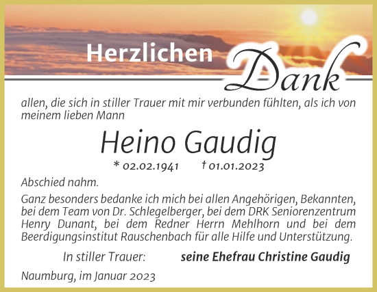 Traueranzeige von Heino Gaudig von Wochenspiegel Naumburg/Nebra