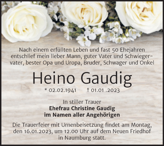 Traueranzeige von Heino Gaudig von Wochenspiegel Naumburg/Nebra