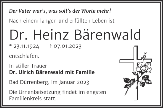 Traueranzeige von Heinz Bärenwald von Mitteldeutsche Zeitung Merseburg/Querfurt