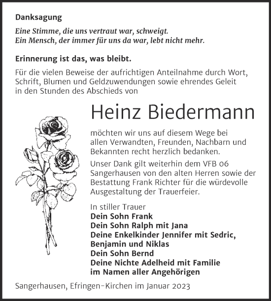 Traueranzeige von Heinz Biedermann von Trauerkombi Sangerhausen