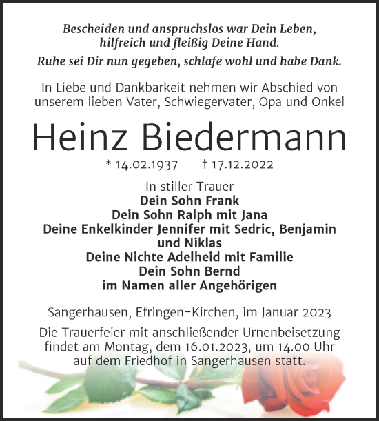 Traueranzeige von Heinz Biedermann von Trauerkombi Sangerhausen