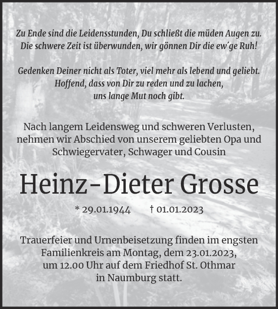 Traueranzeige von Heinz-Dieter Grosse von Wochenspiegel Naumburg/Nebra