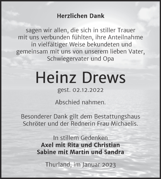 Traueranzeige von Heinz Drews von Trauerkombi Bitterfeld