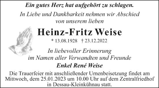 Traueranzeige von Heinz-Fritz Weise von Trauerkombi Dessau