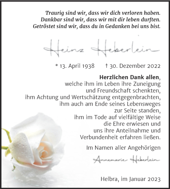 Traueranzeige von Heinz Heberlein von Trauerkombi Mansfelder Land