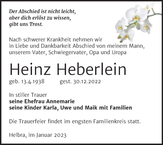 Traueranzeige von Heinz Heberlein von Trauerkombi Mansfelder Land