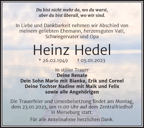 Traueranzeige von Heinz Hedel von Trauerkombi Merseburg