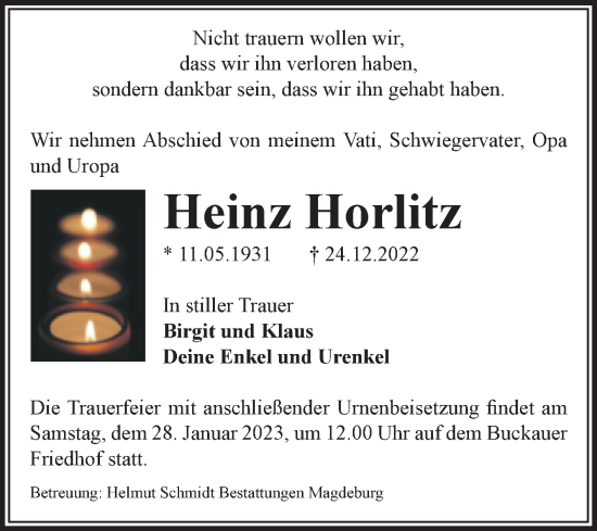 Traueranzeige von Heinz Horlitz von Trauerkombi Zeitz