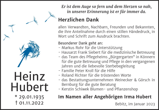 Traueranzeige von Heinz Hubert von Trauerkombi Bernburg