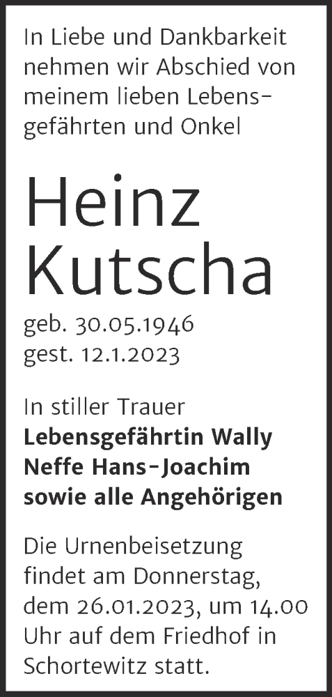Traueranzeige von Heinz Kutscha von Trauerkombi Köthen
