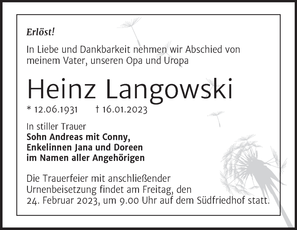  Traueranzeige für Heinz Langowski vom 28.01.2023 aus Mitteldeutsche Zeitung Halle/Saalkreis
