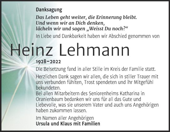 Traueranzeige von Heinz Lehmann von Trauerkombi Wittenberg