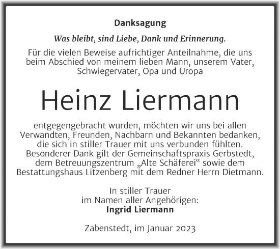 Traueranzeige von Heinz Liermann von Trauerkombi Mansfelder Land